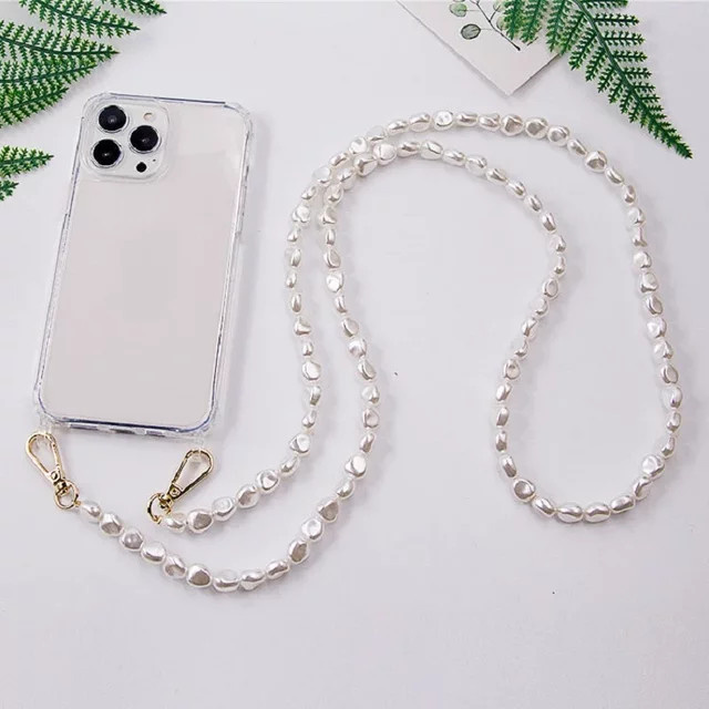 Eurynome Perlenketten-Umhängetasche mit stoßfester Acryl-Hülle für iPhone, inklusive Lanyard, in Schwarz, Silber oder Weiß - Bild 1