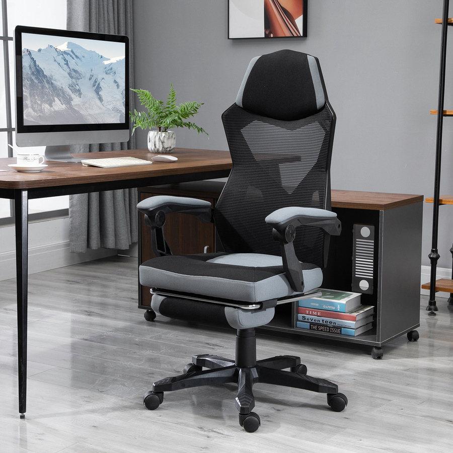 Vinsetto Gaming-Stuhl und Fußhocker Aosom, höhenverstellbarer Bürostuhl mit Netzstoff, 360 Grad drehbar, grau schwarz, B: 58 cm, T: 63 cm, H: 112-122 cm - Bild 2