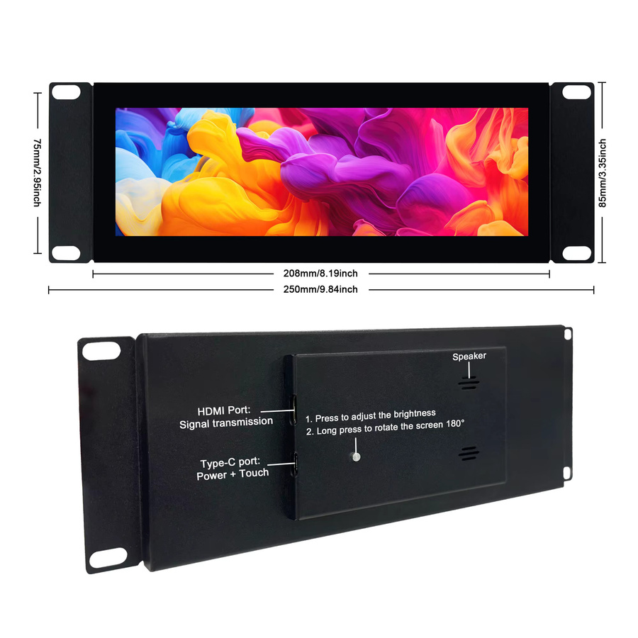 WIsecoco 7,84 Zoll Touchscreen LCD-Monitor 1280x400 in Schwarz, 2U Rack-Mount-Display für Serverschränke kompatibel mit RackMate - Bild 5