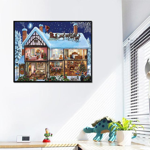 FIYO Diamond Painting Set Wohnkultur Diamant Stickerei DIY Kreuzstich Kit Winterlandschaft mit verschneitem Haus, Farbe: Grau/Mehrfarbig, B x H: 30 x 20 cm - Bild 1