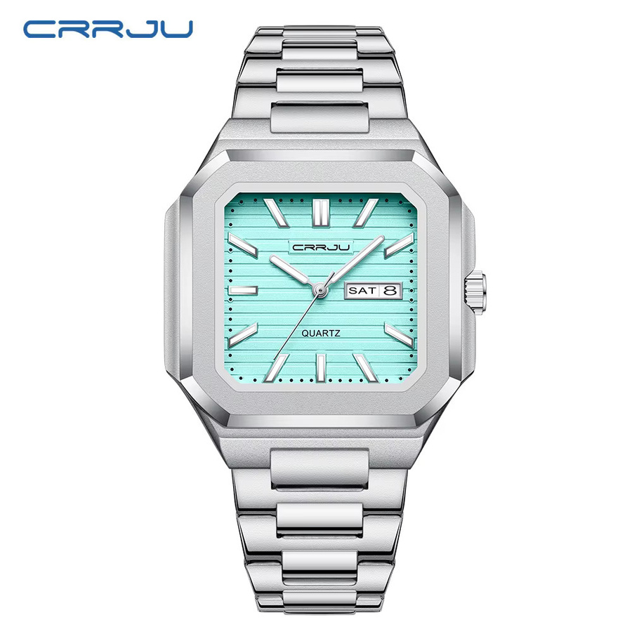 CRRJU Armbanduhr Edelstahl, Quarz, eckig, Grün, Silber, Herren - Bild 2
