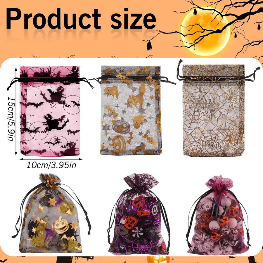 Ywbeads Halloween Organza Geschenkbeutel mit Schädel und Spinnennetz-Druck in Bunt mit Kordelzug - Bild 4