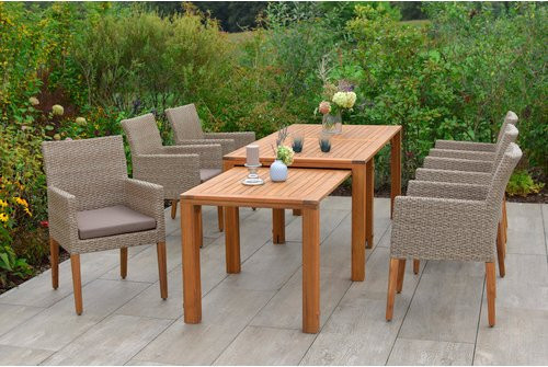Merxx Gartenmöbelset Ranzano 7-teilig mit ausziehbarem Tisch und 6 Sesseln aus Akazienholz und Kunststoffgeflecht in Grau und Braun - Bild 1