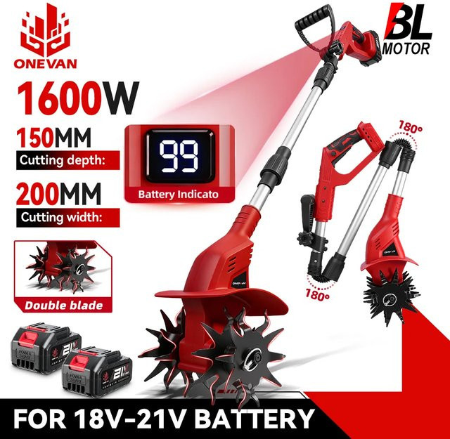 ONEVAN Bürstenloser Elektrischer Rotationsgrubber Kultivator in Rot für Makita LXT Akku, 15 cm Arbeitsbreite - Bild 1