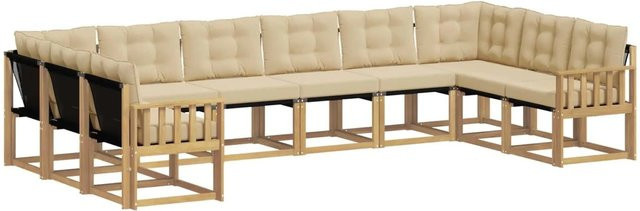 vidaXL Outdoor-Sofagarnitur in L-Form aus Akazienholz mit Textilene und Kissen, Weiß und Beige - Bild 1