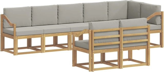 vidaXL Outdoor-Sofagarnitur in L-Form aus Akazienholz mit Kissen, 8-teilig, Weiß-Hellgrau - Bild 1