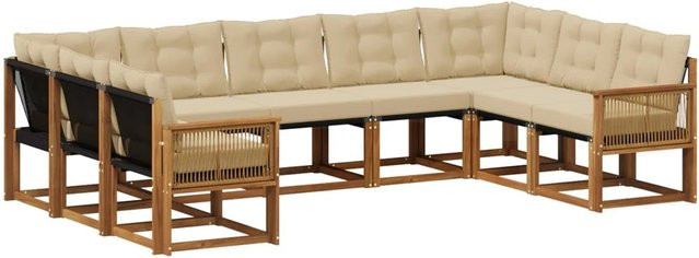 vidaXL Outdoor-Sofagarnitur L-Form aus Akazien-Massivholz mit 9 Kissen in Natur und Beige - Bild 1