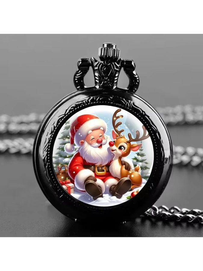 Weihnachtsmann Taschenuhr mit Elch-Glaskuppel und starker Kette, schwarzes Quarzwerk mit arabischem Zifferblatt - Bild 5
