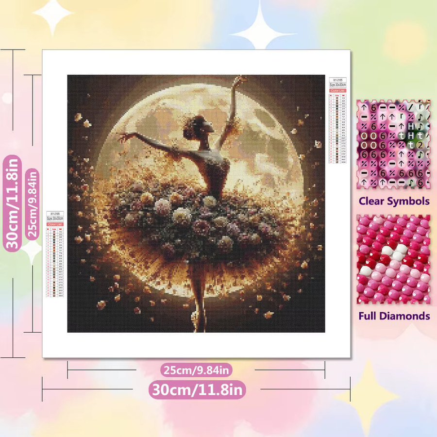 Potdemiel DIY 5D Diamantmalerei Ballett-Mädchen Porträt mit Mond und Blumen, Vollrund-Bohrer Mosaik Wanddekoration, Mehrfarbig, B/T/H: 20 x 20 x 20 cm - Bild 2