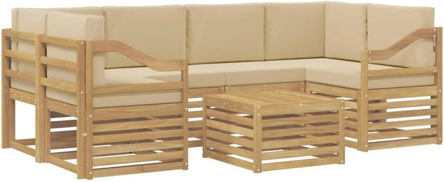 vidaXL Outdoor-Sofagarnitur in L-Form aus Akazienholz mit Kissen, 7-teilig, Weiß und Beige - Bild 1