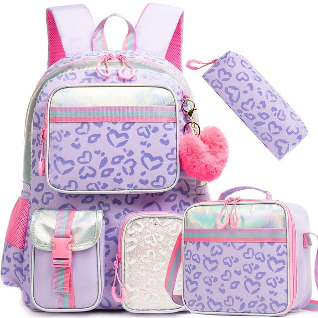 Multifunktionales Set für Mädchen mit Herz-Druckmuster inklusive Lunchtasche und Stiftetasche in Lila - Bild 1