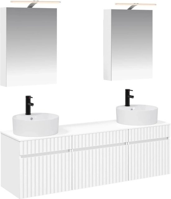 vidaXL Badezimmerschrank-Set 5-teilig in Weiß, modern mit LED-Beleuchtung und Spiegelschrank, B/T/H: 50 x 14,5 x 70 cm - Bild 1