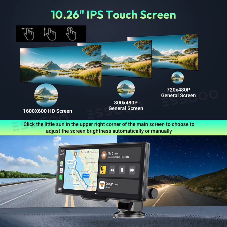 ESSGOO 4K Dashcam mit 10,26 Zoll Touchscreen, Tragbarer Videorekorder mit Apple CarPlay, Android Auto, Doppel-Linse, Bluetooth, WiFi und USB-C in Schwarz - Bild 6