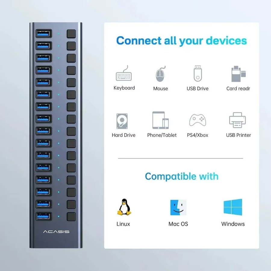 Acasis USB 3.2 Hub mit 16 Anschlüssen in Grau, 10Gbps USB-A und USB-C Splitter aus Aluminium mit Einzelschalter und Stromversorgung für PC und Laptop - Bild 4