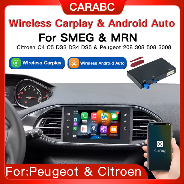CARABC Wireless CarPlay und Android Auto Adapter für Peugeot und Citroen SMEG Modelle in Schwarz mit Unterstützung für Rückfahrkamera - Bild 1
