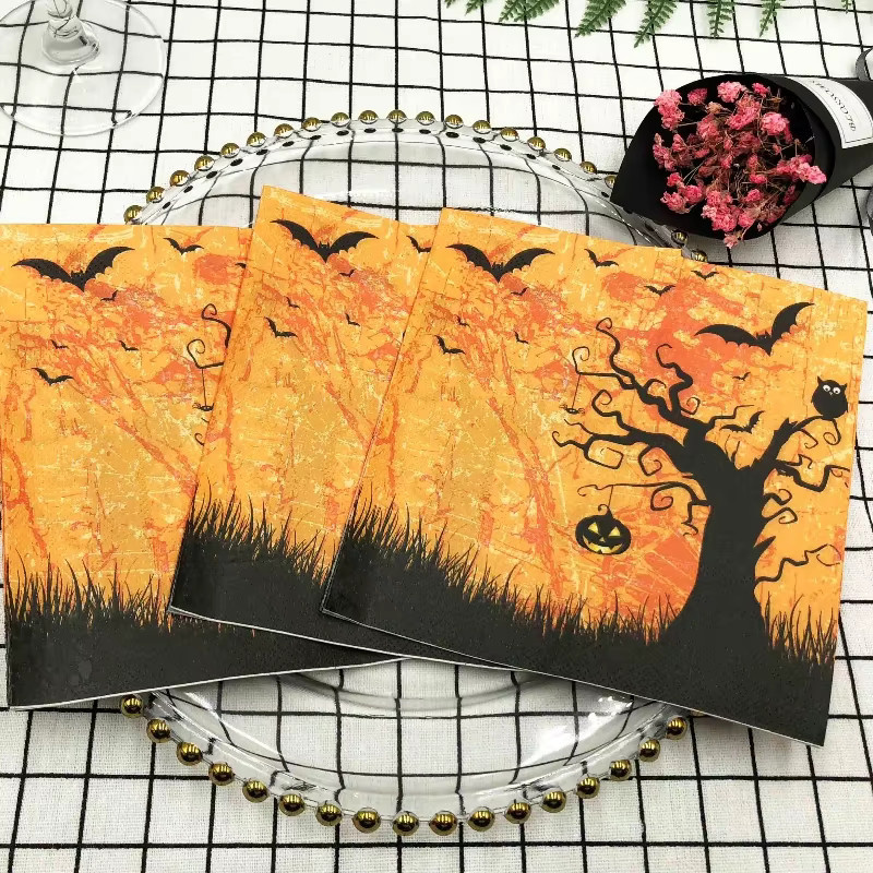 GUANYAO Halloween Party Servietten aus Papier, 2-lagig, Schwarz und Orange, 20 Stück, Durchmesser: 33 cm - Bild 2