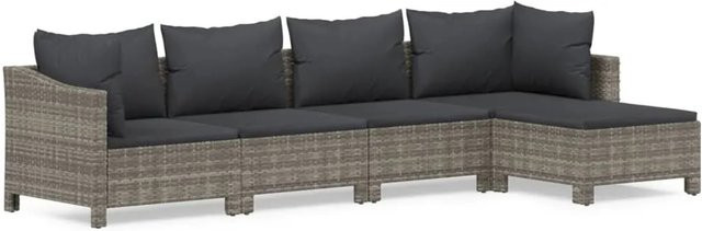 vidaXL 5-tlg. Garten-Lounge-Set in L-Form aus grauem PE-Rattan mit Kissen und pulverbeschichtetem Stahlgestell - Bild 1