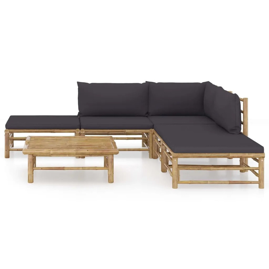 vidaXL 6-tlg Garten-Lounge-Set aus Bambus mit grauen Polsterkissen in L-Form - Bild 2