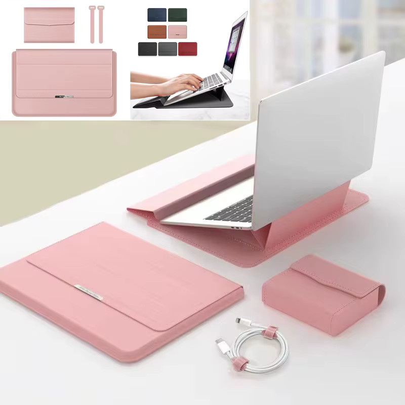 Honor MagicBook 16 Pro X15 X16 Laptop-Hülle aus PU-Leder mit magnetischer Klappfunktion, faltbarem Ständer, Handgelenkauflage und integrierter Tasche für Ladegerät und Kabel, erhältlich in Grün und Pink - Bild 2