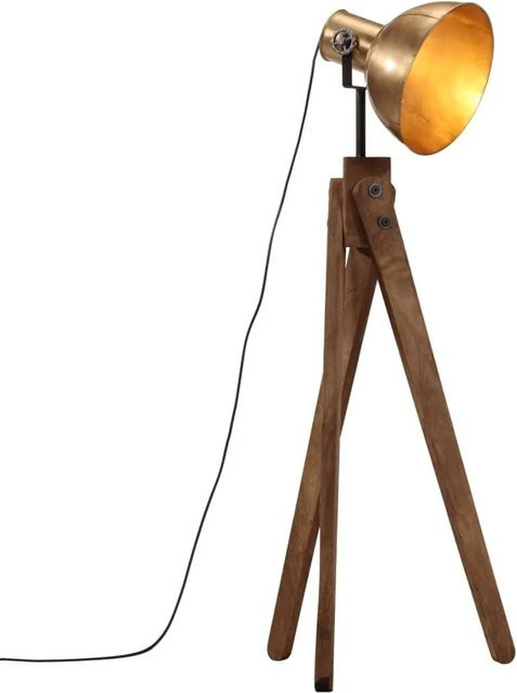 vidaXL Stehleuchte im Industrial Design aus Metall und Holz, Farbe Antik Messing, E27, B/T/H: 45 x 45 x 120 cm - Bild 1