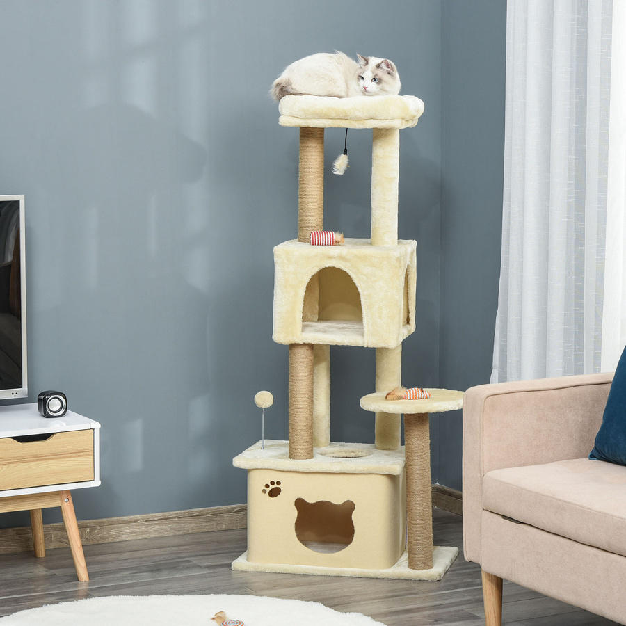 PawHut Katzenbaum für Erwachsene in Beige mit 2 Häuschen, Jutapfosten und Spielbällen, H x B x T: 136 x 60 x 34 cm - Bild 2