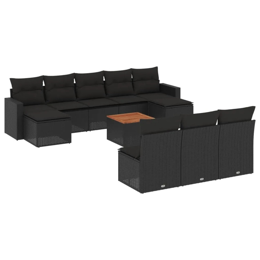 vidaXL 11-tlg. Garten-Sofagarnitur in U-Form aus Polyrattan und Akazienholz mit Kissen in Schwarz - Bild 2