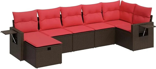 vidaXL 7-tlg. Garten-Sofagarnitur in L-Form aus braunem Poly-Rattan mit UV-beständigen Kissen und pulverbeschichtetem Stahlgestell - Bild 1