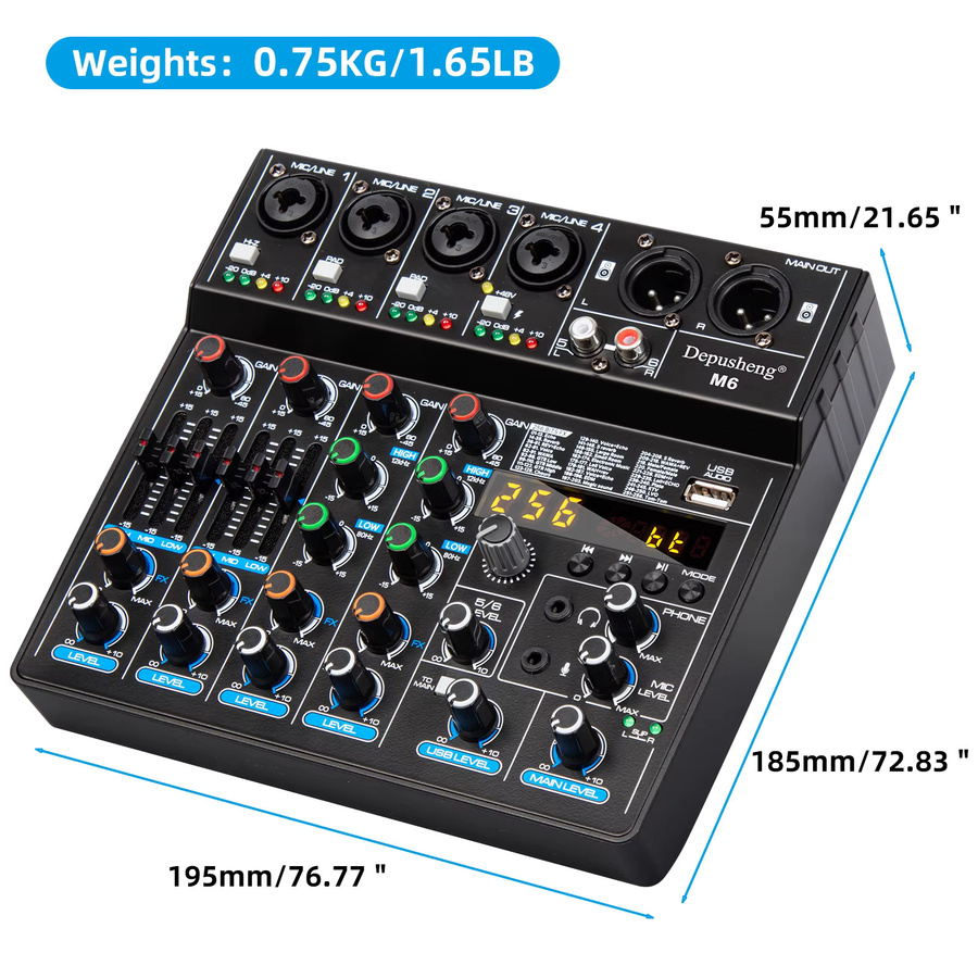 Depusheng M6 6-Kanal-Tonmischpult mit Bluetooth und USB-Aufnahme, Schwarz, inklusive 48V Phantomspeisung und Delay-Repeat-Effekt - Bild 6
