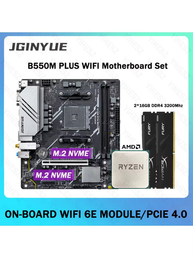 JGINGYUE B550M PLUS Micro-ATX Motherboard für AMD AM4 Prozessoren, DDR4 Dual Channel, M.2 NVMe und WiFi 6E, Schwarz - Bild 5