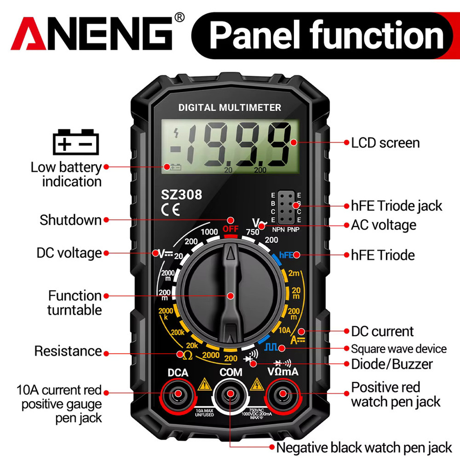 ANENG SZ308 Digitales Multimeter Hochpräzises Multifunktions-Messgerät für AC/DC Spannung, Strom, HFE-Trioden und Widerstand in Rot und Schwarz - Bild 6