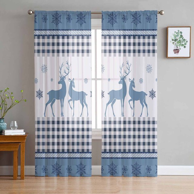Transparente Weihnachts-Vorhänge mit Hirsch und Schneeflocken in Blau Kariert, Tüll Voile für Wohnzimmer und Küche, Farbe: Weiß/Blau/Transparent, B: 135 cm, H: 115 cm - Bild 1