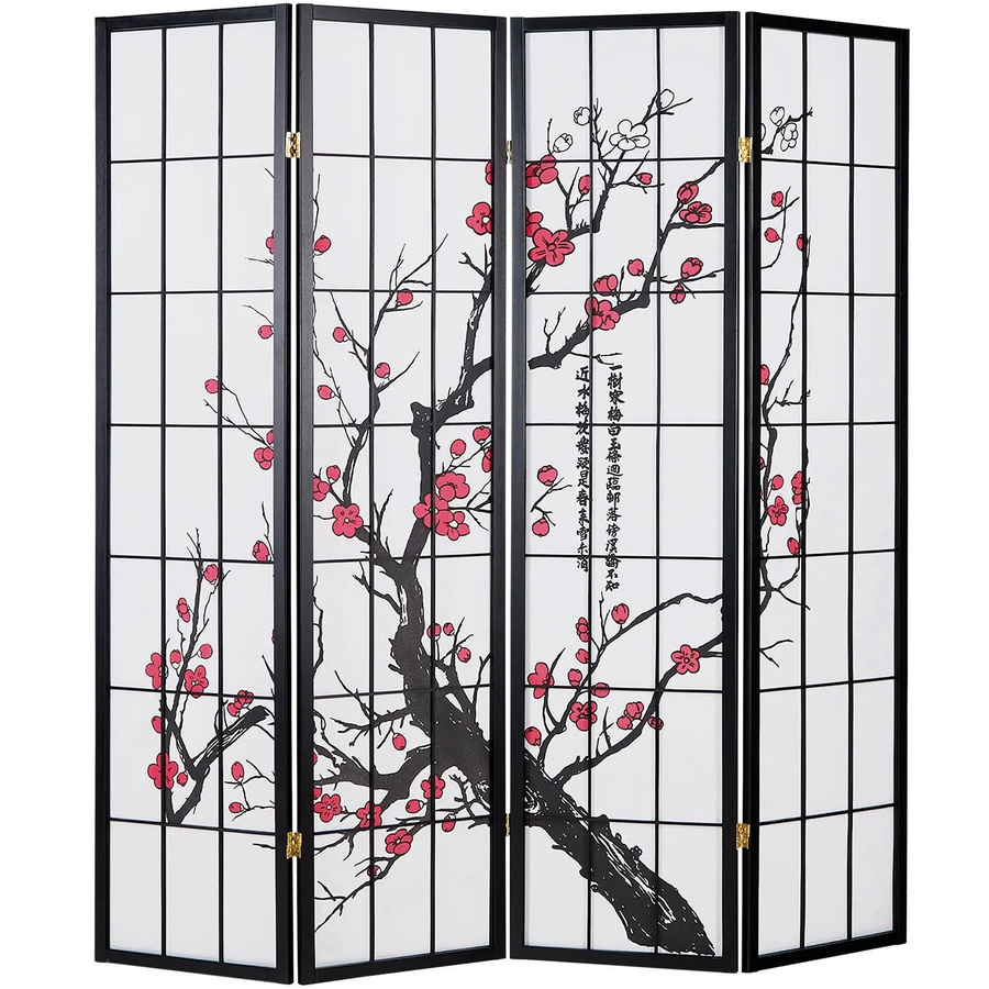 Homestyle4u 4-tlg. Shoji Paravent mit Kirschblütenmotiv in Schwarz aus Holz und Reispapier, H: 176 cm, B: 175 cm - Bild 2