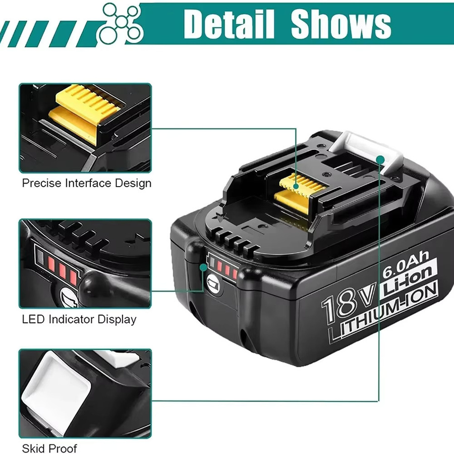 Makita 18 V 6,0 Ah Lithium-Ionen-Akku Set mit 3 A Ladegerät für LXT Elektrowerkzeuge kompatibel mit BL1860 BL1850 BL1830 - Bild 4