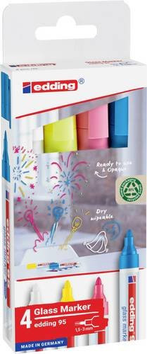 Edding 95 Glasmarker Set mit runder Spitze, Strichbreite 1,5-3 mm, 4er Set in Weiß, Gelb, Pink und Hellblau - Bild 1