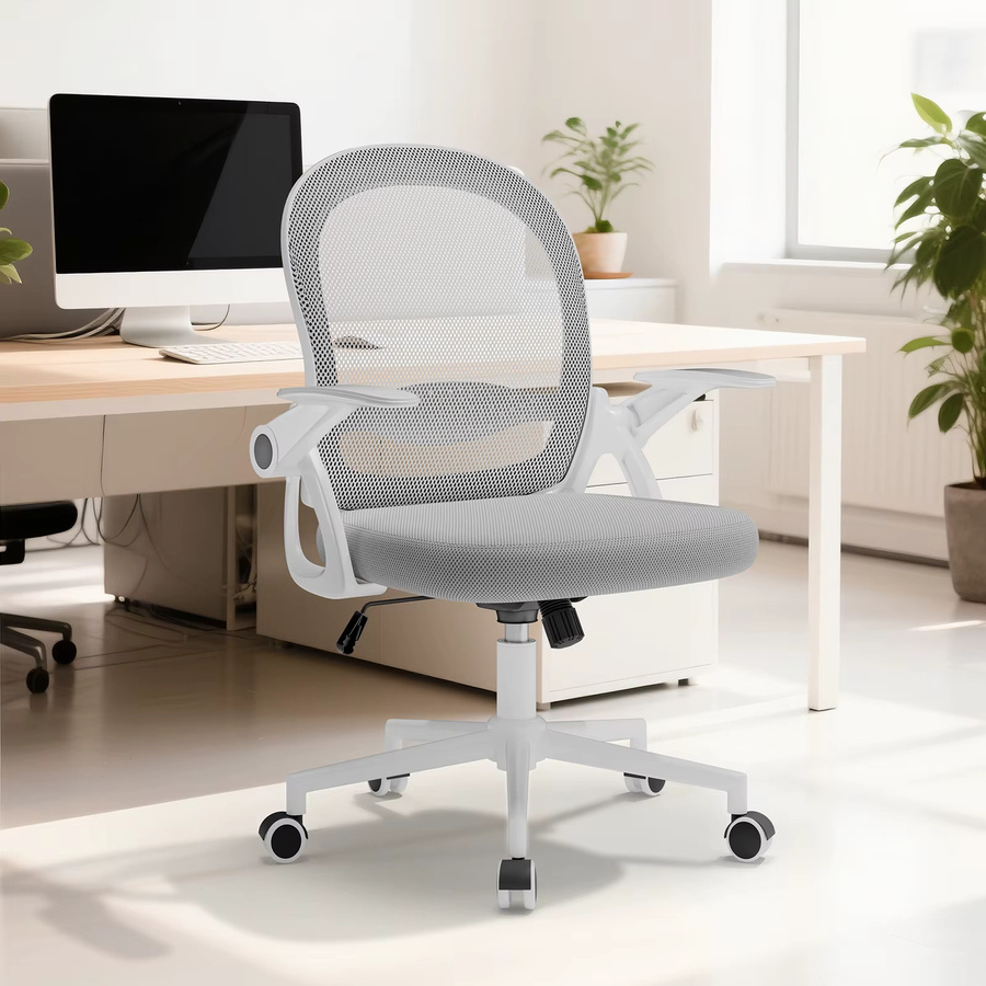 Ergonomischer GartistGO Schreibtischstuhl mit klappbaren Armlehnen und Lendenwirbelstütze, moderner Netzstuhl für Home-Office und Gaming in Grau und Weiß - Bild 2
