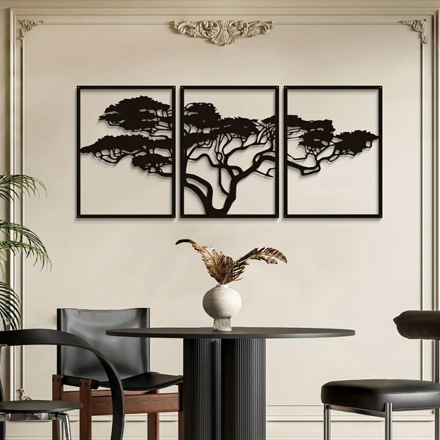 CIFBUY 3-teiliges Wandkunst-Set aus Metall in Schwarz mit Natur- und Lebensmotiv für moderne Dekoration - Bild 1