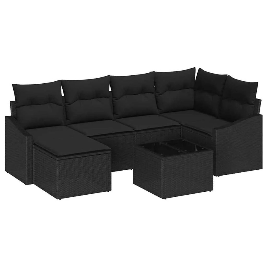 7-teiliges vidaXL Garten-Sofa-Set in Schwarz aus Poly-Rattan und Stahl mit Polstern und Tisch in L-Form - Bild 2