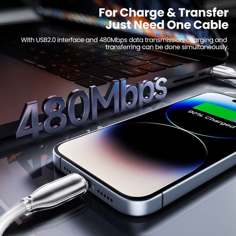 Toocki USB-A auf USB-C Schnellladekabel mit 20 W PD und 480 Mbit/s Datenübertragung, transparentes Zinklegierung-Design für iPhone und iPad - Bild 6