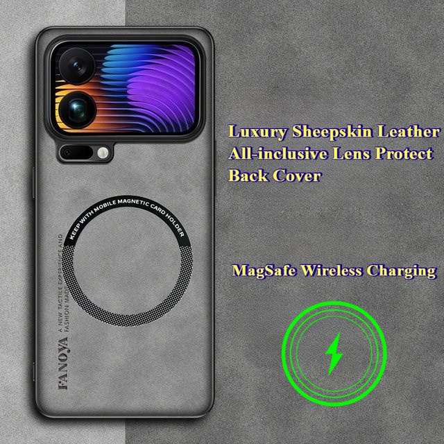 Luxuriöse Linsenschutzhülle aus Schaffellleder für Xiaomi 17 Pro Max, 15T und 14T Pro in Grau mit magnetischer kabelloser Ladeabdeckung - Bild 1