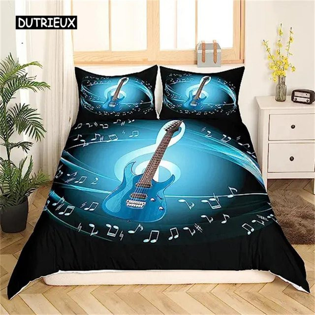 Bettwäscheset Binchi Outdoor Product mit 3D Rockmusik-Gitarren-Design in Blau und Multicolour, Mikrofaser-Polyester, B/H: 180 x 210 cm - Bild 1
