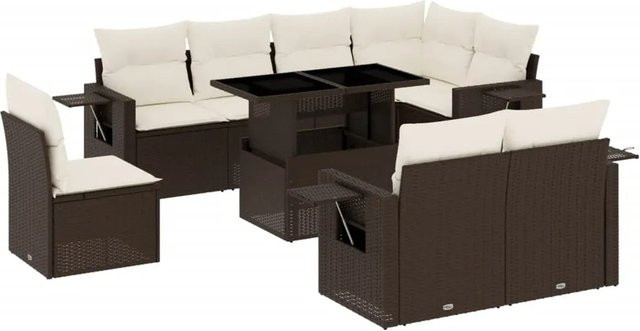 vidaXL 9-tlg. Garten-Sofagarnitur in L-Form aus braunem Poly-Rattan mit cremeweißen Kissen und pulverbeschichtetem Stahlgestell - Bild 1