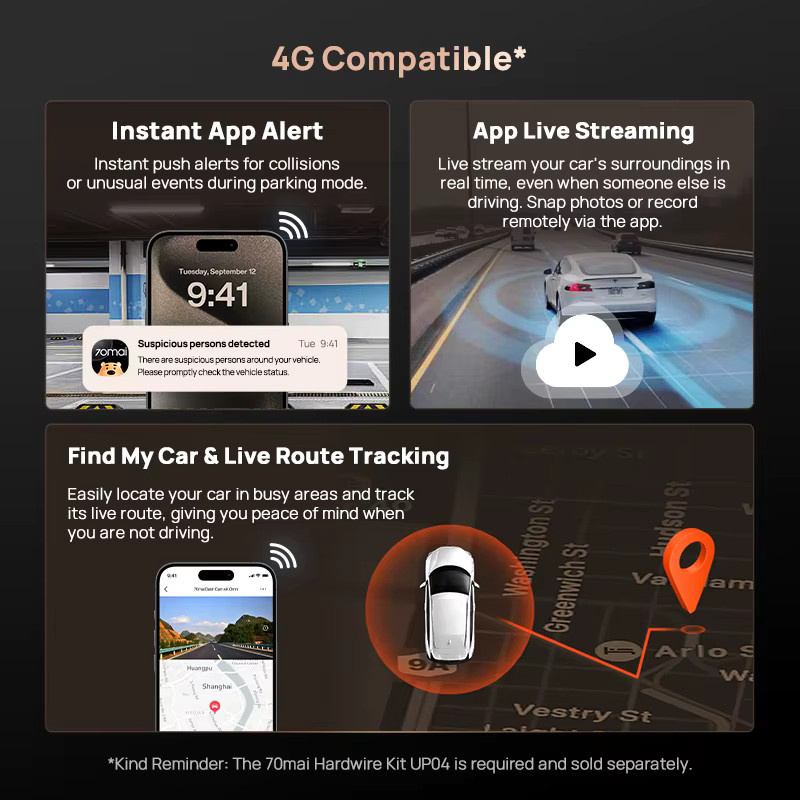 70mai Dashcam A810S 4K UHD mit IMX678 Sensor, Dual HDR, Wi-Fi 6, GPS, ADAS und 4G LTE in Schwarz - Bild 4