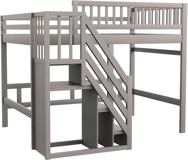 okwish Massivholzbett für Kinder in Grau mit Treppe und Aufbewahrungsschrank, B/T/H: 140 x 200 x 183 cm - Bild 1