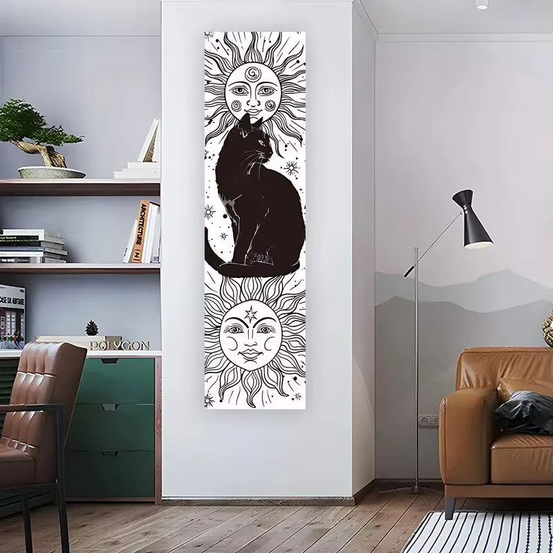 VIKAMA Kunst-Wandteppich mit Katzen- und Himmelsmotiven in Schwarz-Weiß, Boho-Stil Wandbehang mit Tiermotiven, Breite: 150 cm, Höhe: 40 cm - Bild 4