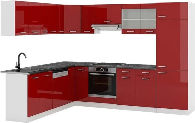 Vicco R-Line Eckküche modern in Bordeaux Hochglanz und Weiß mit Anthrazit B/T/H: 227 x 287 x 207 cm - Bild 1