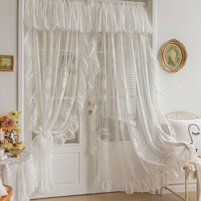 WPKIRA Spitzenvorhang im französischen Rokoko-Stil, weiß, transparent, mit floralem Muster, B: 100 cm, H: 180 cm - Bild 1