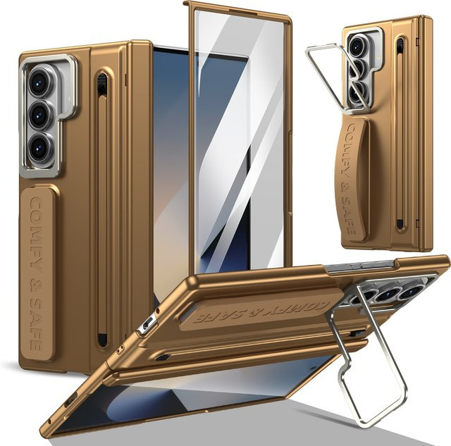 Magnetische Handyhülle für Samsung Galaxy Z Fold 7 6 5 4 3 mit Scharnierschutz, Displayschutzglas und S Pen Halterung in Rot und Gold - Bild 1
