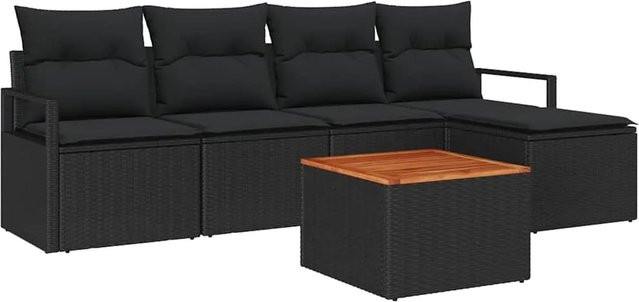 vidaXL Garten-Sofa-Set aus Poly Rattan in Schwarz mit 6 Teilen, inklusive Kissen und Tisch - Bild 1