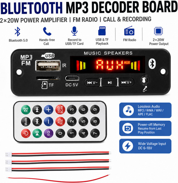 Gaqqee Bluetooth-Decoder-Board mit Verstärker, MP3/FM-Decoder und Aufnahme- sowie Anruffunktion, DC 6-18V, 2x20W, Schwarz - Bild 1