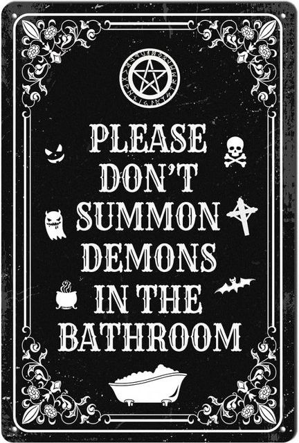 POBBUK Halloween Metallschild Bitte schlage Dämonen im Badezimmer nicht Wanddekoration Goth Schwarz - Bild 1